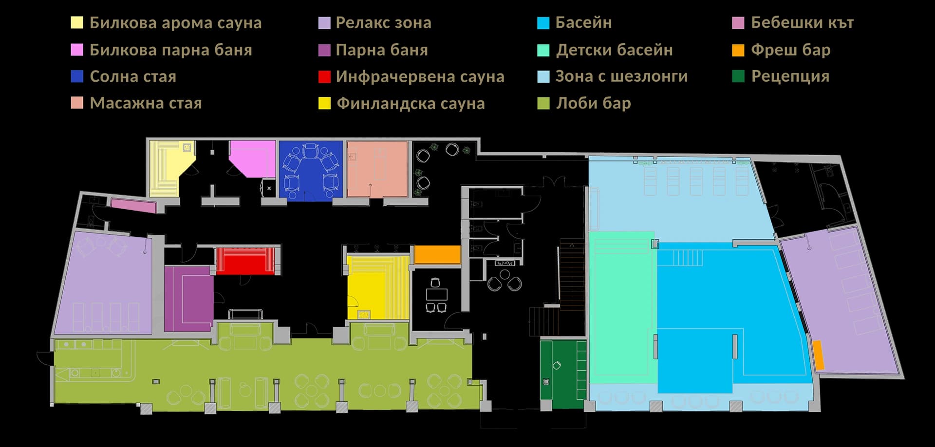 Подробен план на СПА зоната в Комплекс Боже Име с обозначени зони за сауна, басейн, парна баня и релакс зона